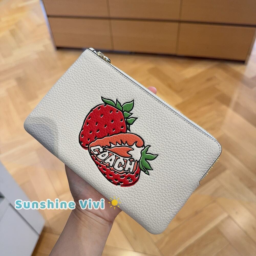 NWT Coach Large Corner Zip Wristlet with Strawberry Graphic CBB79 Gold/Chalk